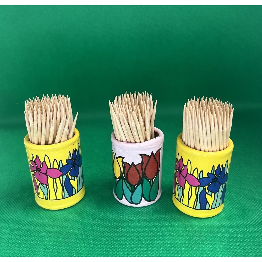 Vtg Toothpick Holder‎ Lot Of 3 Floral Paper Set Mod Boho